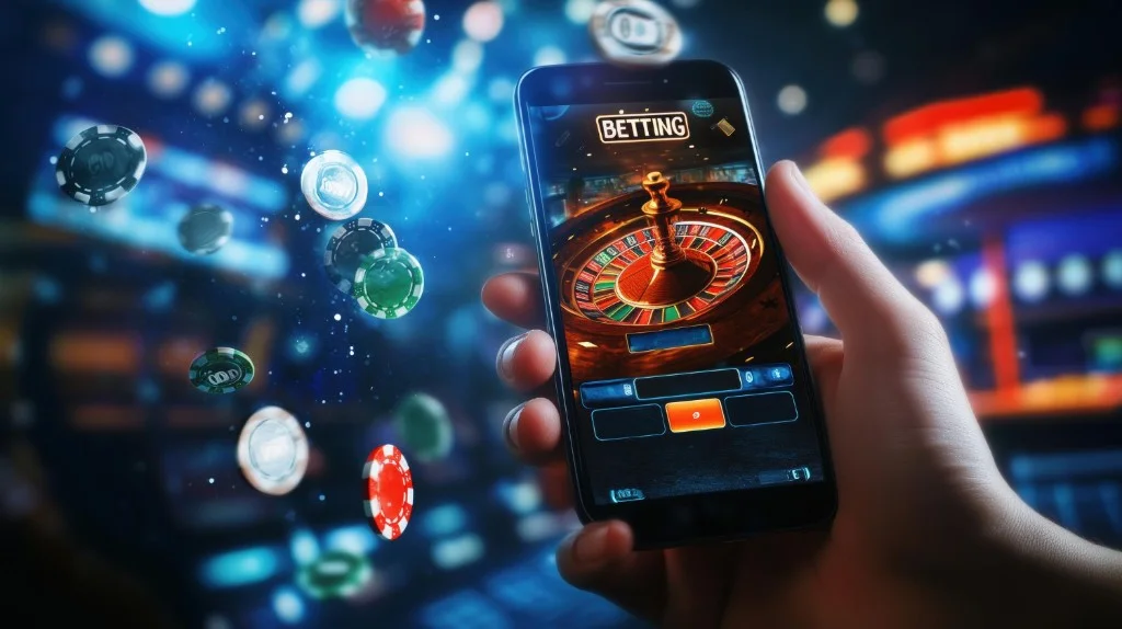 Hand holding a smartphone showing a mobile roulette game with floating poker chips and casino lights in the background