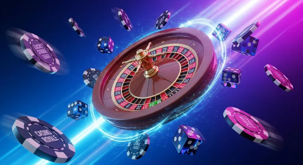 Neon-lit roulette wheel with motion-blurred poker chips and dice on a deep blue and magenta casino-style background